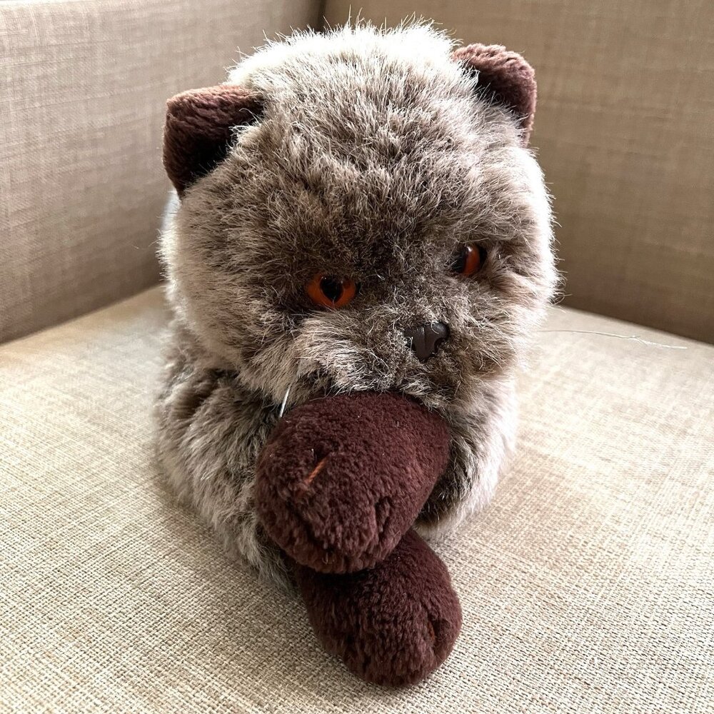 Vtg 24K Polar Puff Realistic Cat Brown Sable Orange Eyes 18” Plush Bell in Tail